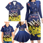 Personalised Australia National Flag Day Family Matching Long Sleeve Bodycon Dress and Hawaiian Shirt Golden Wattle Sydney Opera House Flag Color