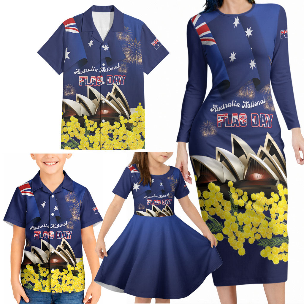 Personalised Australia National Flag Day Family Matching Long Sleeve Bodycon Dress and Hawaiian Shirt Golden Wattle Sydney Opera House Flag Color