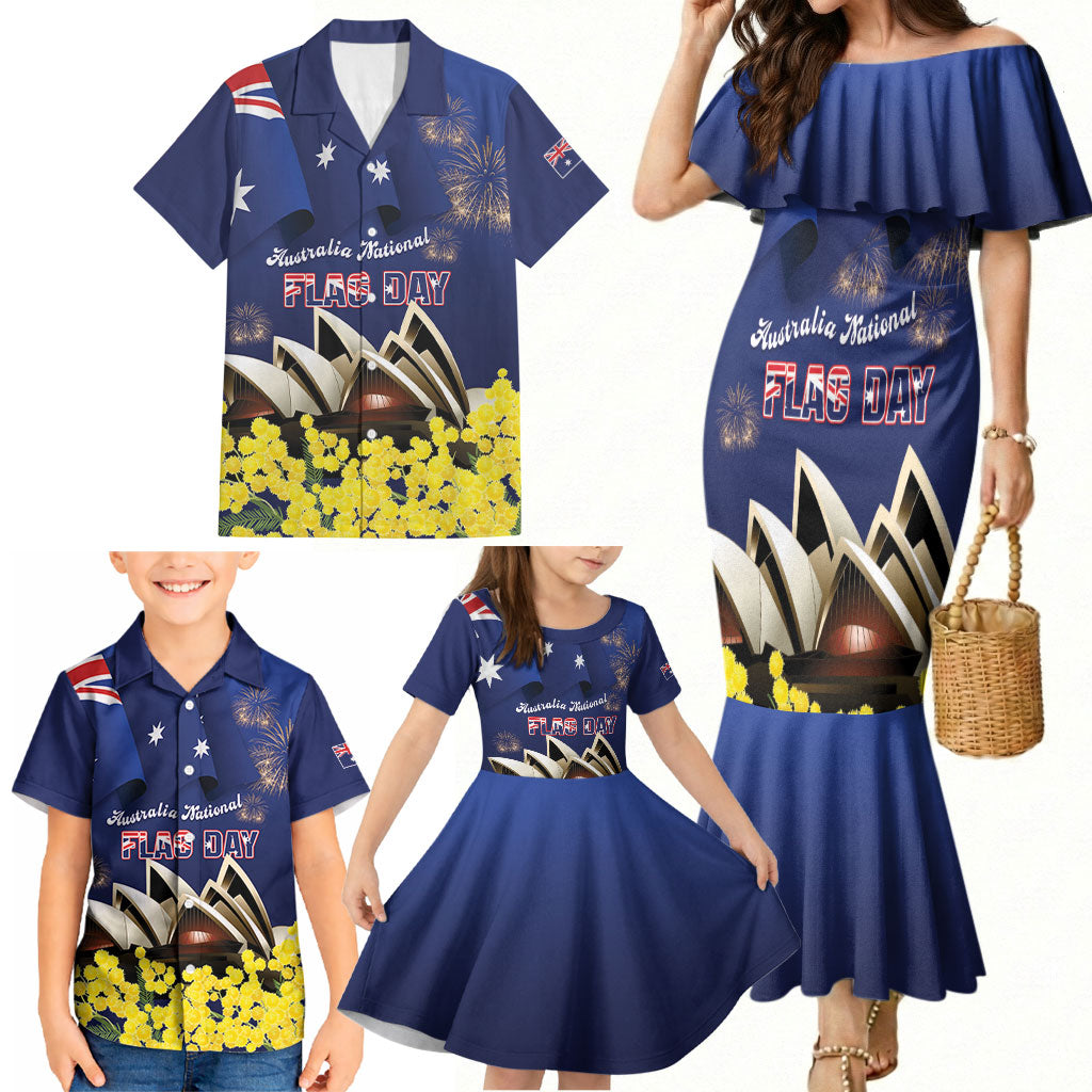 Personalised Australia National Flag Day Family Matching Mermaid Dress and Hawaiian Shirt Golden Wattle Sydney Opera House Flag Color