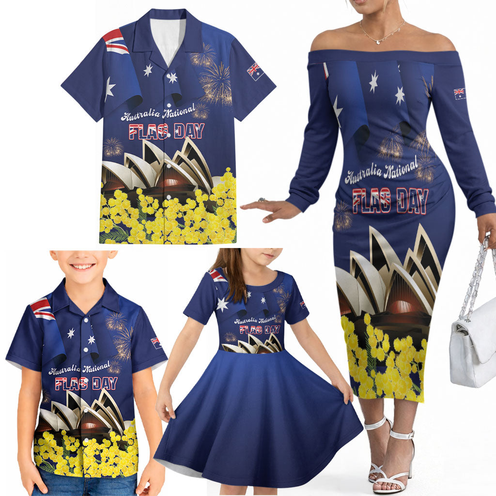 Personalised Australia National Flag Day Family Matching Off The Shoulder Long Sleeve Dress and Hawaiian Shirt Golden Wattle Sydney Opera House Flag Color