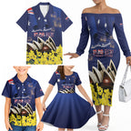 Personalised Australia National Flag Day Family Matching Off The Shoulder Long Sleeve Dress and Hawaiian Shirt Golden Wattle Sydney Opera House Flag Color