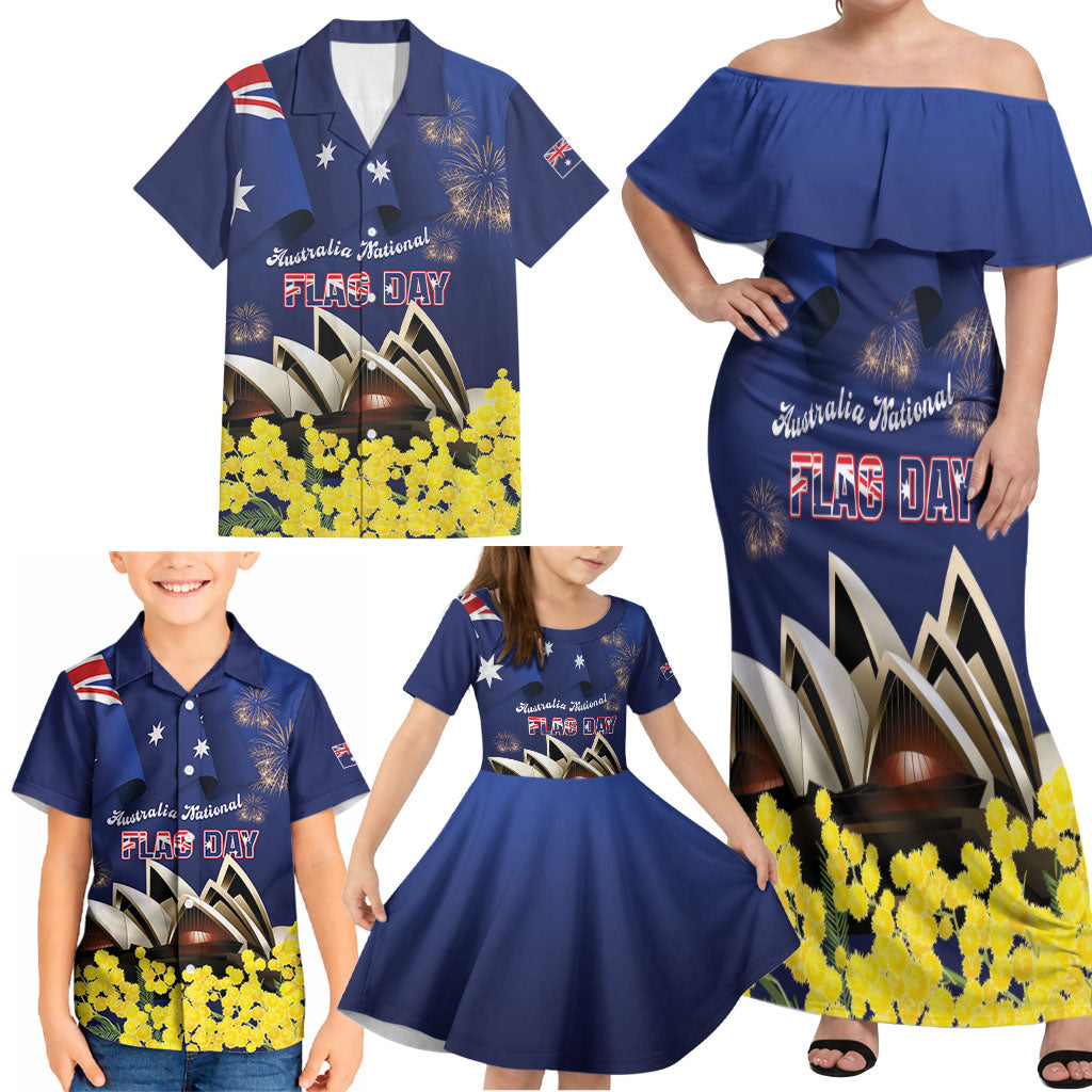 Personalised Australia National Flag Day Family Matching Off Shoulder Maxi Dress and Hawaiian Shirt Golden Wattle Sydney Opera House Flag Color