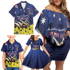 Personalised Australia National Flag Day Family Matching Off Shoulder Short Dress and Hawaiian Shirt Golden Wattle Sydney Opera House Flag Color
