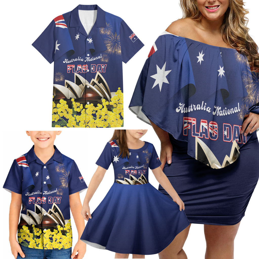 Personalised Australia National Flag Day Family Matching Off Shoulder Short Dress and Hawaiian Shirt Golden Wattle Sydney Opera House Flag Color