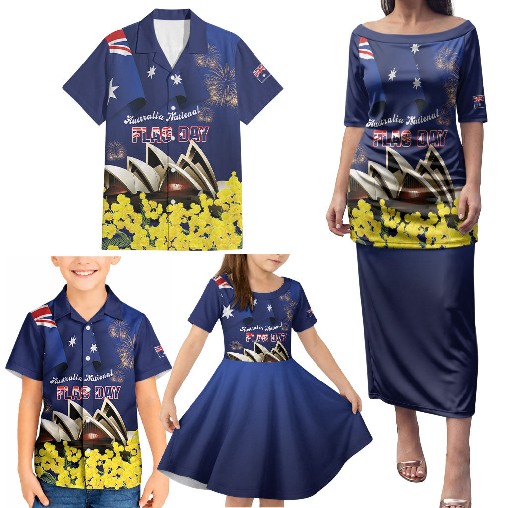 Personalised Australia National Flag Day Family Matching Puletasi and Hawaiian Shirt Golden Wattle Sydney Opera House Flag Color