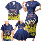 Personalised Australia National Flag Day Family Matching Short Sleeve Bodycon Dress and Hawaiian Shirt Golden Wattle Sydney Opera House Flag Color