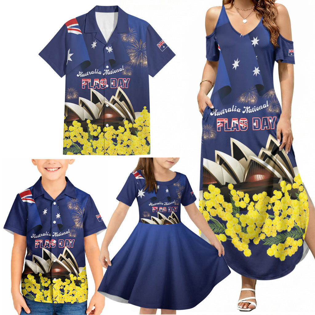Personalised Australia National Flag Day Family Matching Summer Maxi Dress and Hawaiian Shirt Golden Wattle Sydney Opera House Flag Color