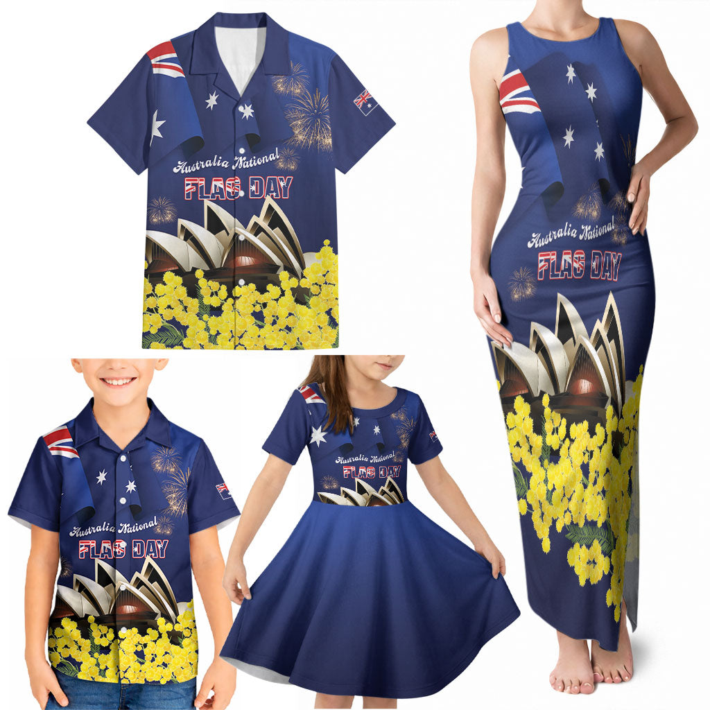 Personalised Australia National Flag Day Family Matching Tank Maxi Dress and Hawaiian Shirt Golden Wattle Sydney Opera House Flag Color