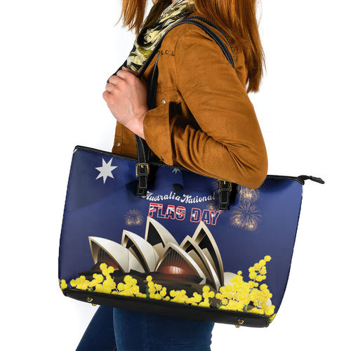 Australia National Flag Day Leather Tote Bag Golden Wattle Sydney Opera House Flag Color