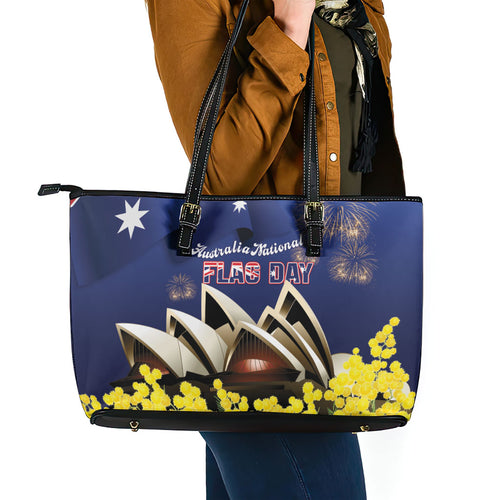 Australia National Flag Day Leather Tote Bag Golden Wattle Sydney Opera House Flag Color