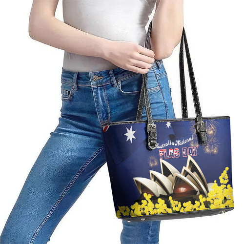 Australia National Flag Day Leather Tote Bag Golden Wattle Sydney Opera House Flag Color
