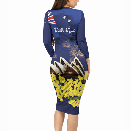 Personalised Australia National Flag Day Long Sleeve Bodycon Dress Golden Wattle Sydney Opera House Flag Color