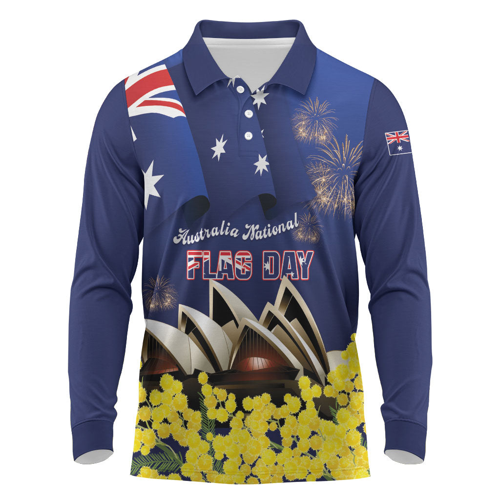 Personalised Australia National Flag Day Long Sleeve Polo Shirt Golden Wattle Sydney Opera House Flag Color
