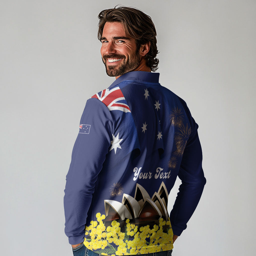 Personalised Australia National Flag Day Long Sleeve Polo Shirt Golden Wattle Sydney Opera House Flag Color