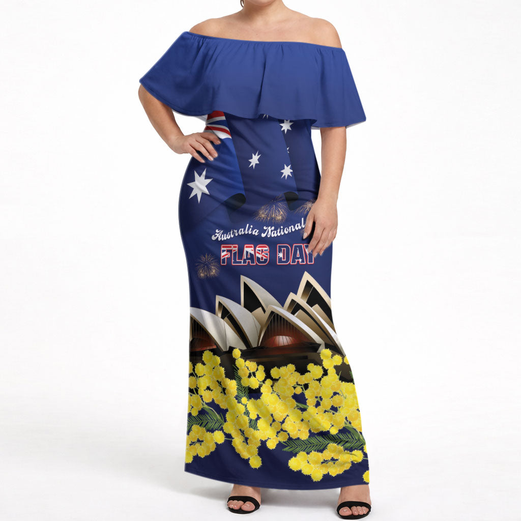 Personalised Australia National Flag Day Off Shoulder Maxi Dress Golden Wattle Sydney Opera House Flag Color