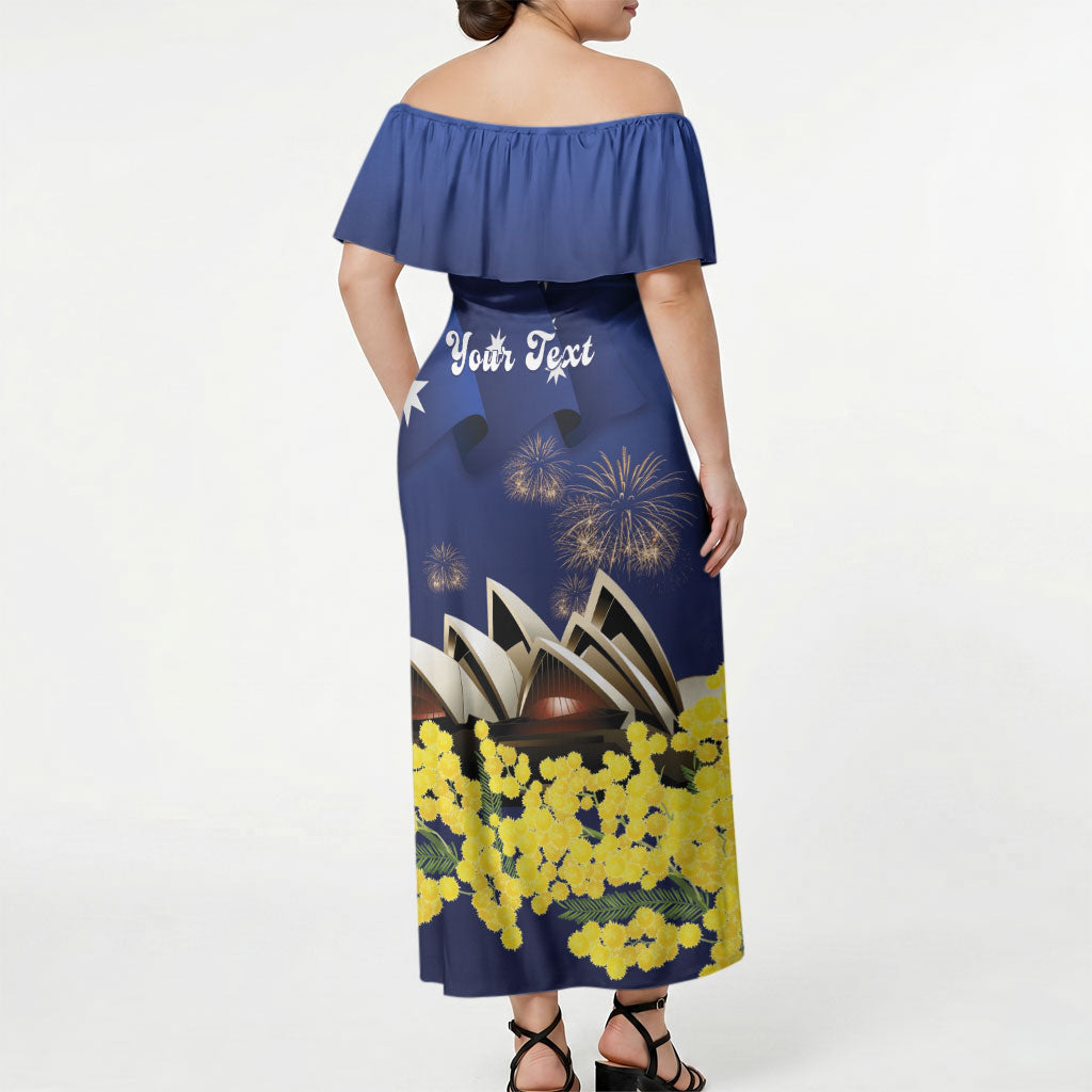 Personalised Australia National Flag Day Off Shoulder Maxi Dress Golden Wattle Sydney Opera House Flag Color