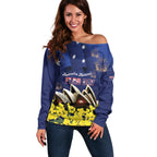 Personalised Australia National Flag Day Off Shoulder Sweater Golden Wattle Sydney Opera House Flag Color