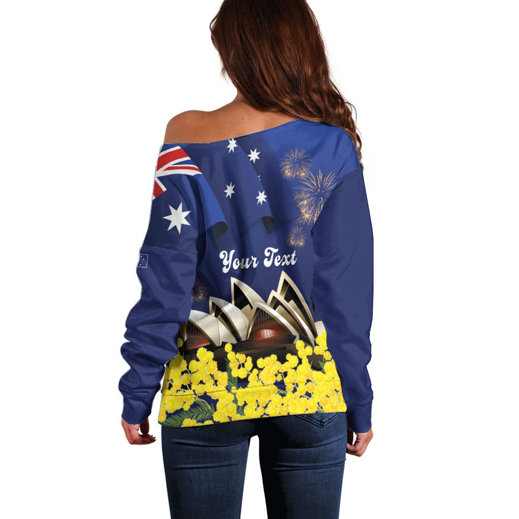 Personalised Australia National Flag Day Off Shoulder Sweater Golden Wattle Sydney Opera House Flag Color
