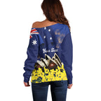 Personalised Australia National Flag Day Off Shoulder Sweater Golden Wattle Sydney Opera House Flag Color