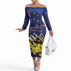 Personalised Australia National Flag Day Off The Shoulder Long Sleeve Dress Golden Wattle Sydney Opera House Flag Color