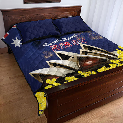 Australia National Flag Day Quilt Bed Set Golden Wattle Sydney Opera House Flag Color