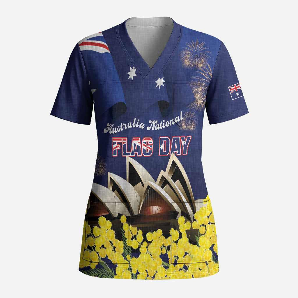 Personalised Australia National Flag Day Scrub Top Golden Wattle Sydney Opera House Flag Color