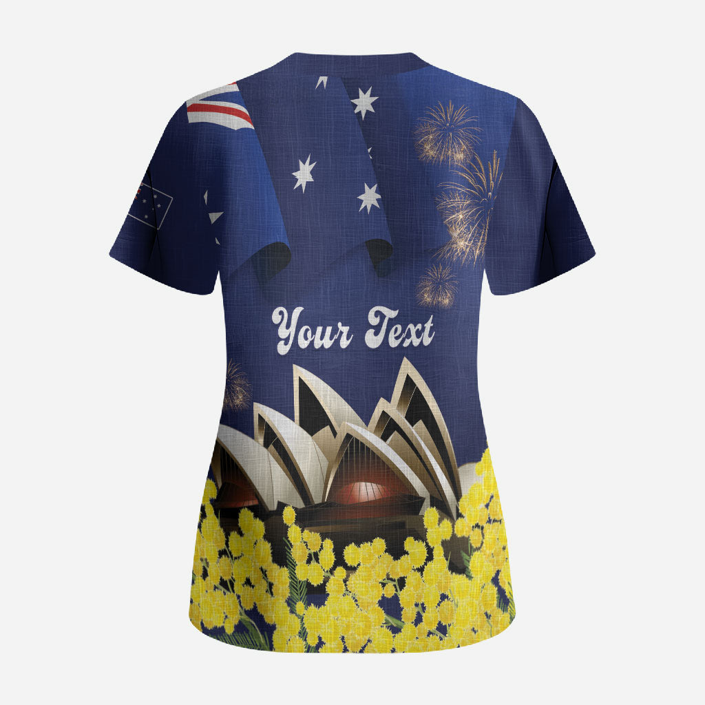 Personalised Australia National Flag Day Scrub Top Golden Wattle Sydney Opera House Flag Color