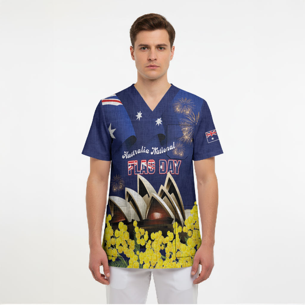 Personalised Australia National Flag Day Scrub Top Golden Wattle Sydney Opera House Flag Color