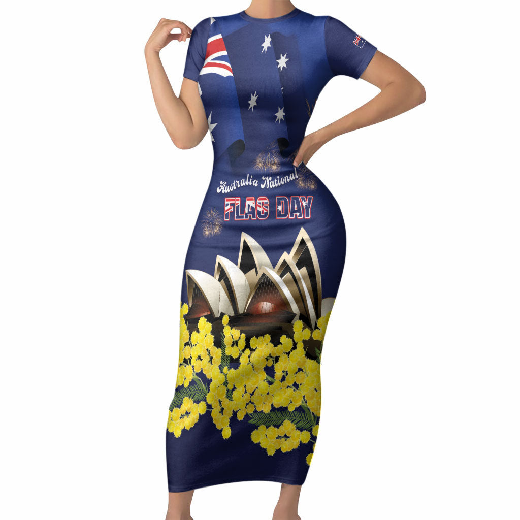 Personalised Australia National Flag Day Short Sleeve Bodycon Dress Golden Wattle Sydney Opera House Flag Color