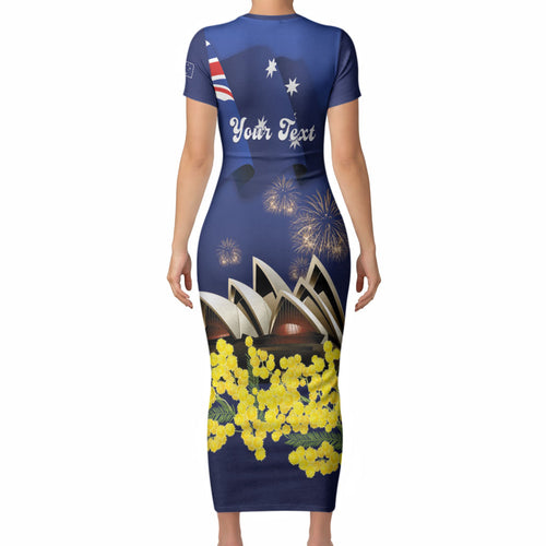 Personalised Australia National Flag Day Short Sleeve Bodycon Dress Golden Wattle Sydney Opera House Flag Color