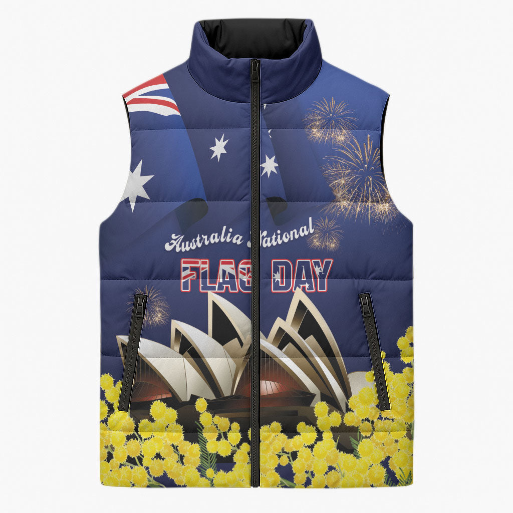 Personalised Australia National Flag Day Sleeveless Puffer Jacket Golden Wattle Sydney Opera House Flag Color
