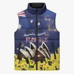 Personalised Australia National Flag Day Sleeveless Puffer Jacket Golden Wattle Sydney Opera House Flag Color