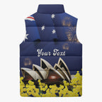 Personalised Australia National Flag Day Sleeveless Puffer Jacket Golden Wattle Sydney Opera House Flag Color