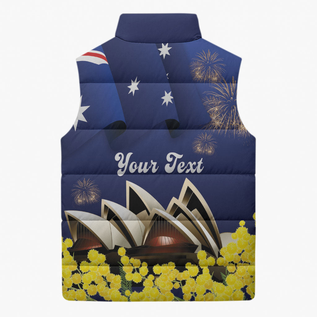 Personalised Australia National Flag Day Sleeveless Puffer Jacket Golden Wattle Sydney Opera House Flag Color