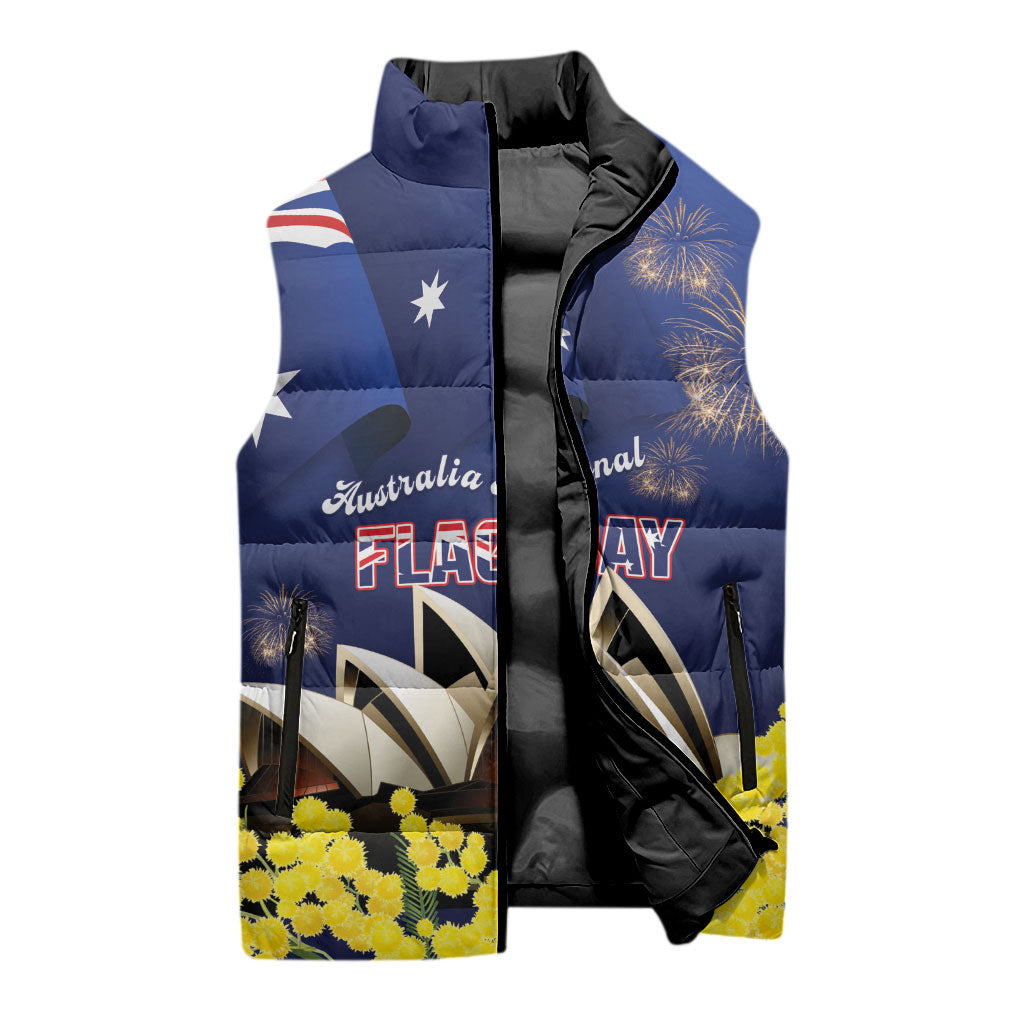 Personalised Australia National Flag Day Sleeveless Puffer Jacket Golden Wattle Sydney Opera House Flag Color