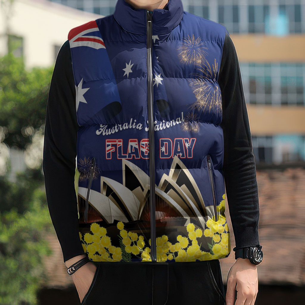 Personalised Australia National Flag Day Sleeveless Puffer Jacket Golden Wattle Sydney Opera House Flag Color