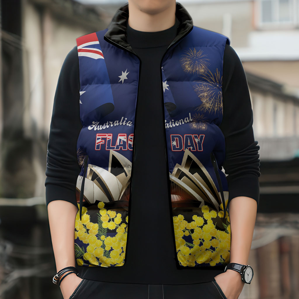 Personalised Australia National Flag Day Sleeveless Puffer Jacket Golden Wattle Sydney Opera House Flag Color