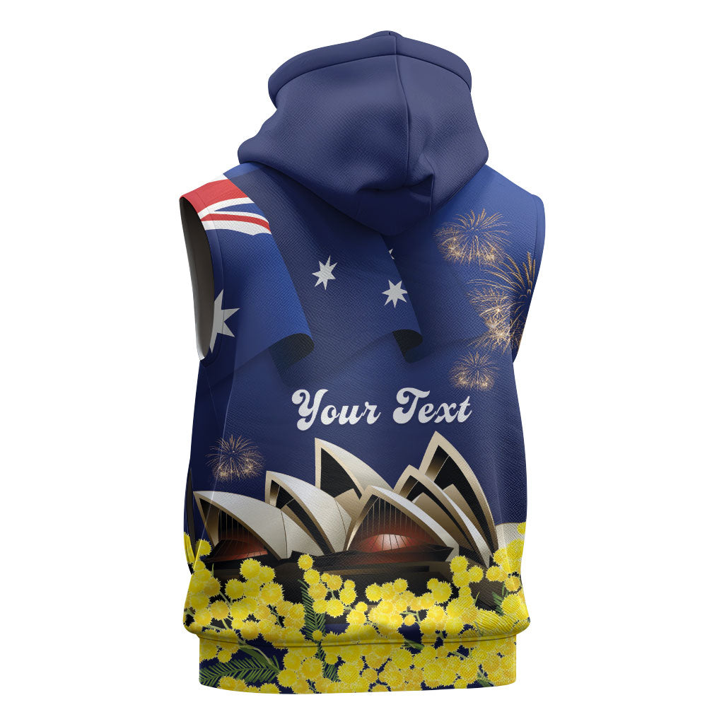 Personalised Australia National Flag Day Sleeveless Zip Hoodie Golden Wattle Sydney Opera House Flag Color