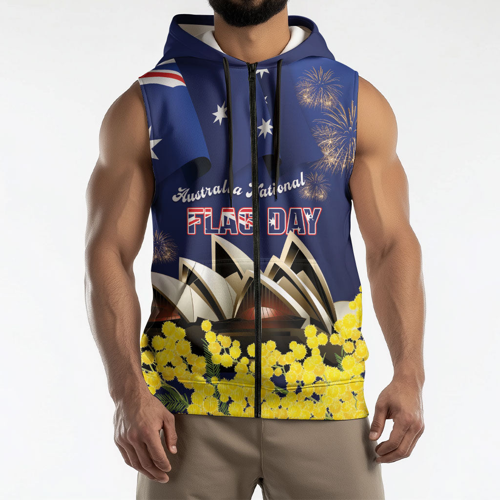 Personalised Australia National Flag Day Sleeveless Zip Hoodie Golden Wattle Sydney Opera House Flag Color