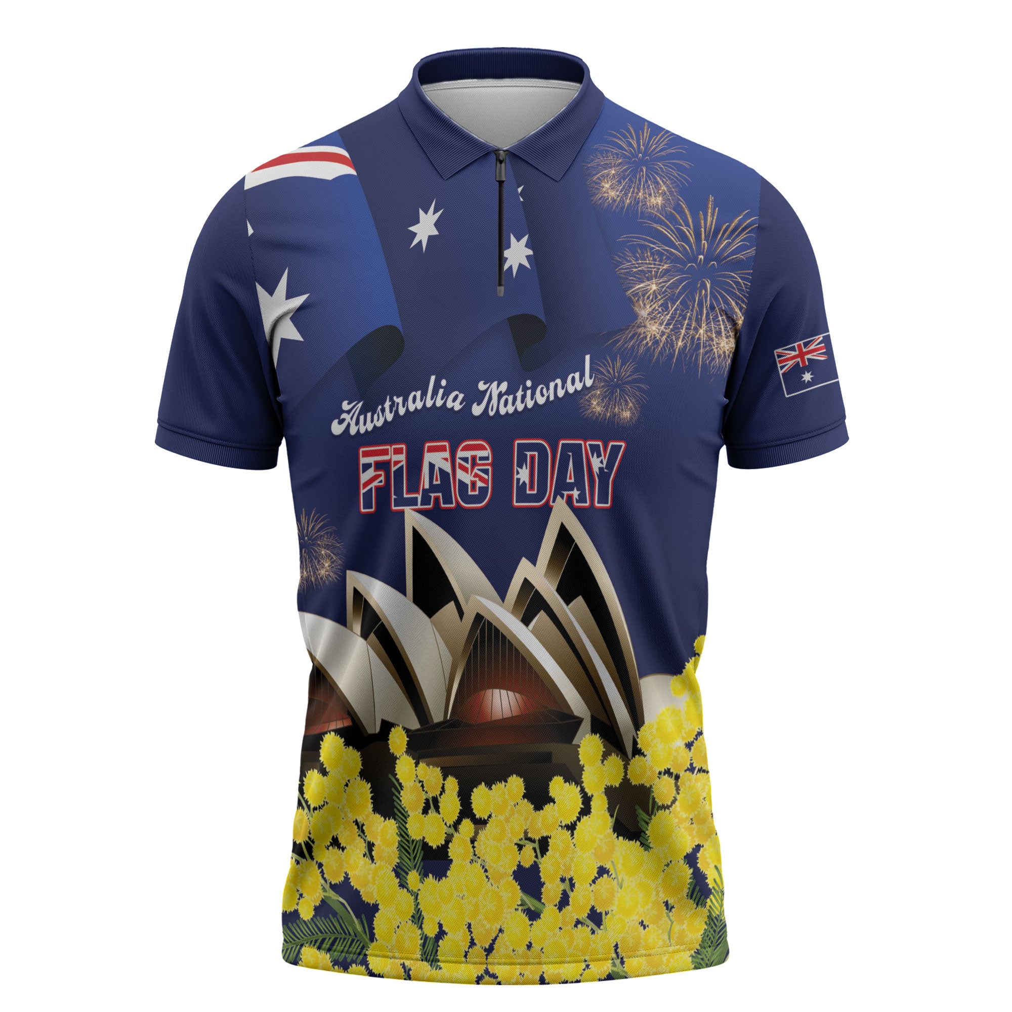 Personalised Australia National Flag Day Zipper Polo Shirt Golden Wattle Sydney Opera House Flag Color