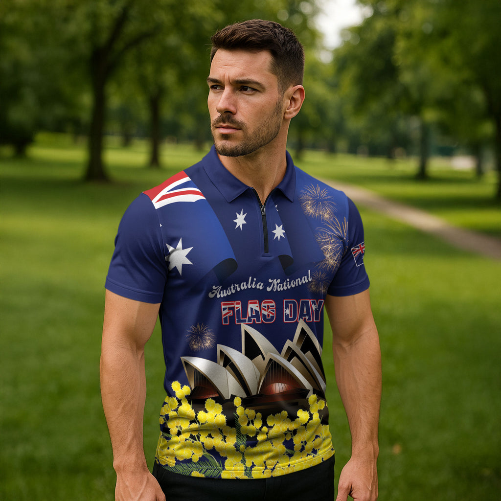 Personalised Australia National Flag Day Zipper Polo Shirt Golden Wattle Sydney Opera House Flag Color