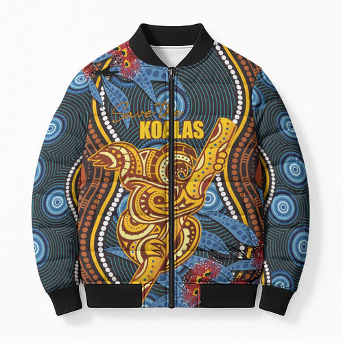 Aboriginal Dot Painting Koala Bear Personalised Bomber Puffer Jacket Aussie Eucalyptus Caesia Flowers