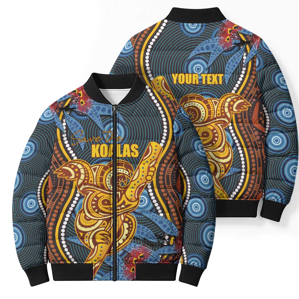 Aboriginal Dot Painting Koala Bear Personalised Bomber Puffer Jacket Aussie Eucalyptus Caesia Flowers