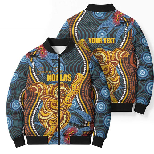 Aboriginal Dot Painting Koala Bear Personalised Bomber Puffer Jacket Aussie Eucalyptus Caesia Flowers