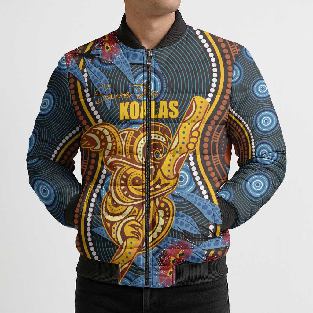 Aboriginal Dot Painting Koala Bear Personalised Bomber Puffer Jacket Aussie Eucalyptus Caesia Flowers