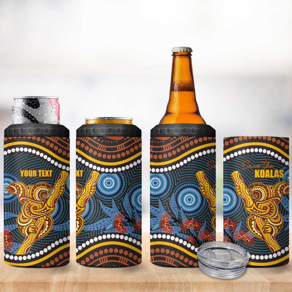 Aboriginal Dot Painting Koala Bear Personalised 4 in 1 Can Cooler Tumbler Aussie Eucalyptus Caesia Flowers