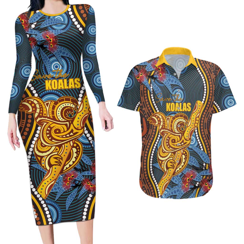 Aboriginal Dot Painting Koala Bear Personalised Couples Matching Long Sleeve Bodycon Dress and Hawaiian Shirt Aussie Eucalyptus Caesia Flowers