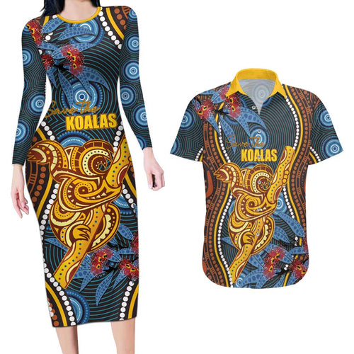 Aboriginal Dot Painting Koala Bear Personalised Couples Matching Long Sleeve Bodycon Dress and Hawaiian Shirt Aussie Eucalyptus Caesia Flowers