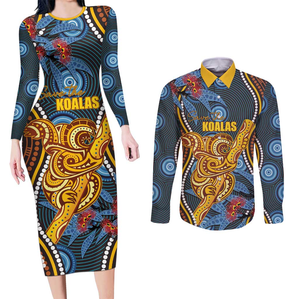 Aboriginal Dot Painting Koala Bear Personalised Couples Matching Long Sleeve Bodycon Dress and Long Sleeve Button Shirt Aussie Eucalyptus Caesia Flowers