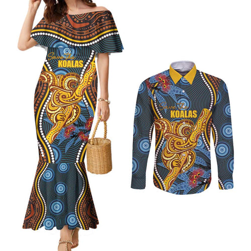 Aboriginal Dot Painting Koala Bear Personalised Couples Matching Mermaid Dress and Long Sleeve Button Shirt Aussie Eucalyptus Caesia Flowers